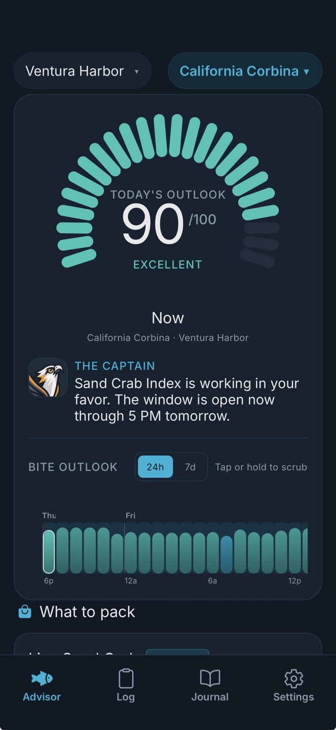 Advisor screen with the bite-score gauge