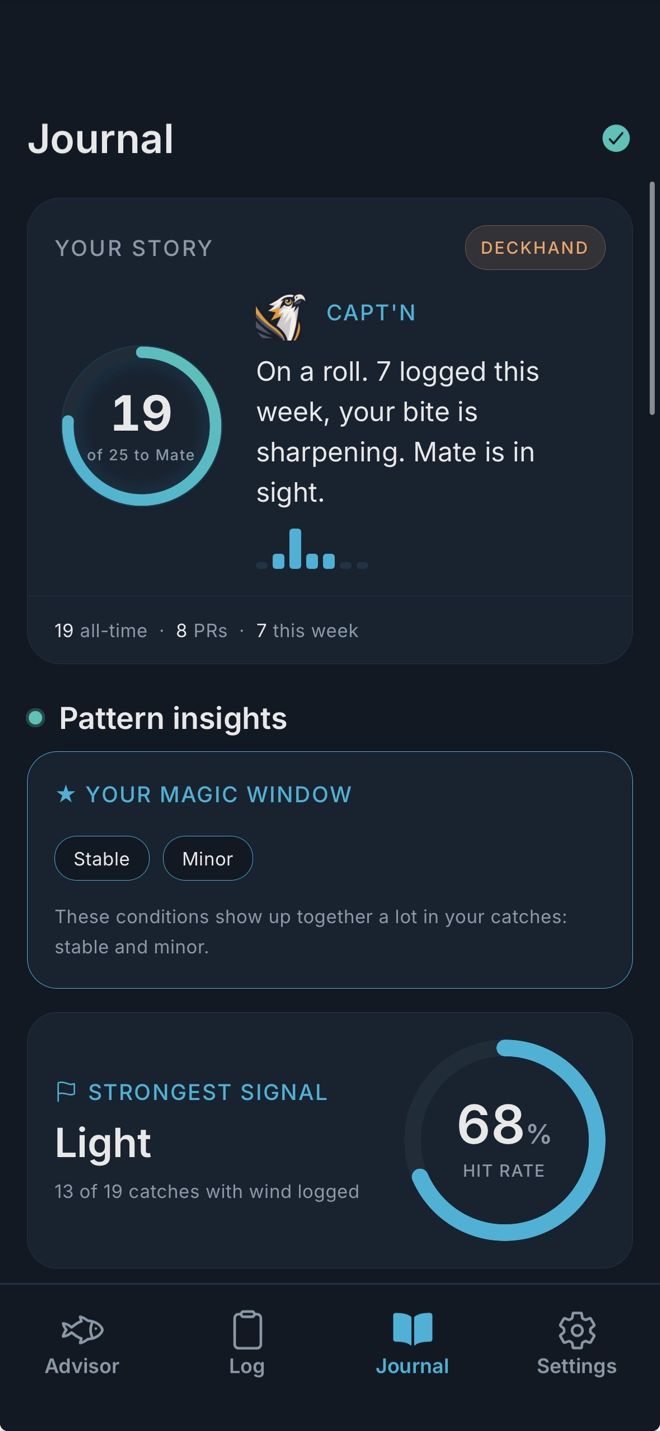 Journal screen with logged catches